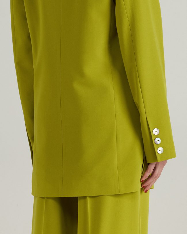 Model wearing light green cortsese linen set with blazer and high-waisted wide-leg pants.