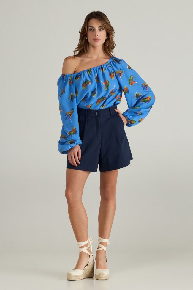 Midnight Navy Tailored Shorts from the SS25 collection by Flicka Athens – elegant navy shorts with a structured fit, styled with the Breeze Blouse.