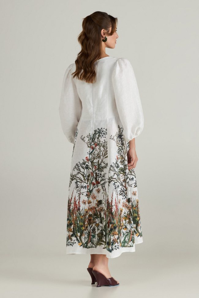 Botanica Dress by Flicka Athens - white linen midi with floral print hem and long puff sleeves