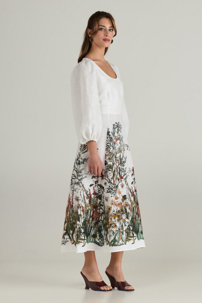 Botanica Dress by Flicka Athens - white linen midi with floral print hem and long puff sleeves