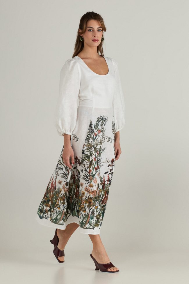 Botanica Dress by Flicka Athens - white linen midi with floral print hem and long puff sleeves