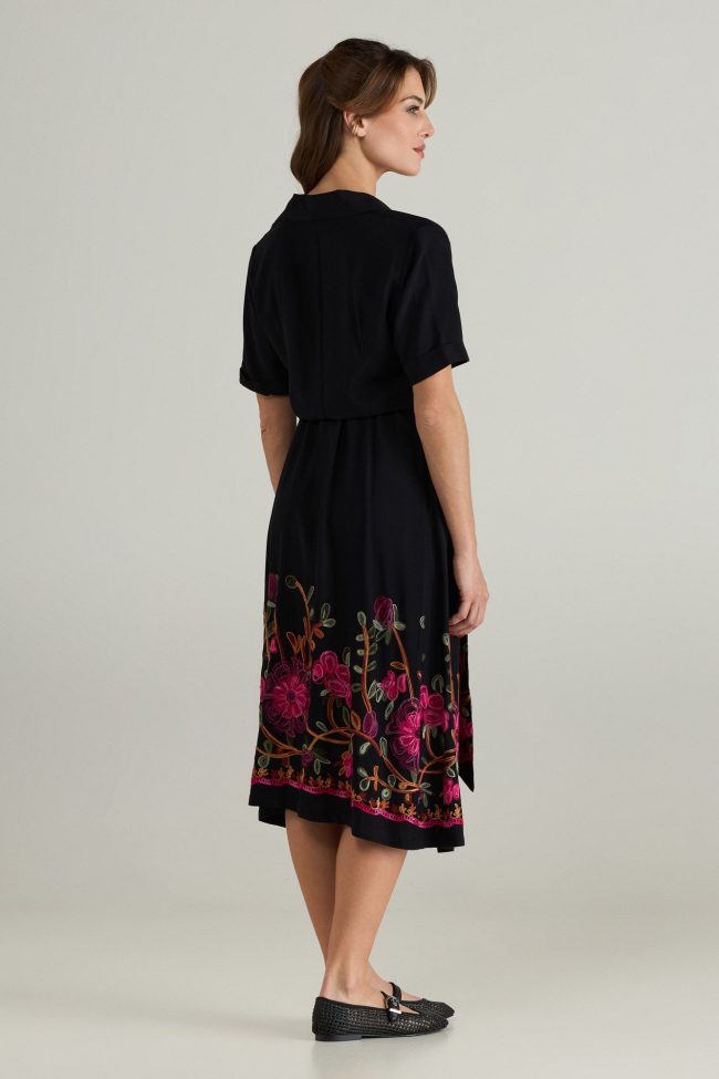 Noir Bloom Midi Dress by Flicka Athens – A black dress with buttons, a waist belt, and colorful embroidery for chic summer outfits