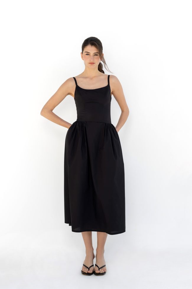 black poplin maxi dress with fitted bodice and pockets flicka blossom days