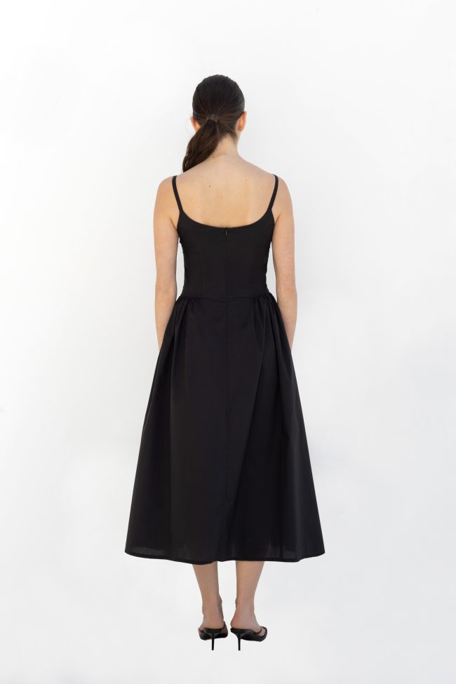 black poplin maxi dress with fitted bodice and pockets flicka blossom days