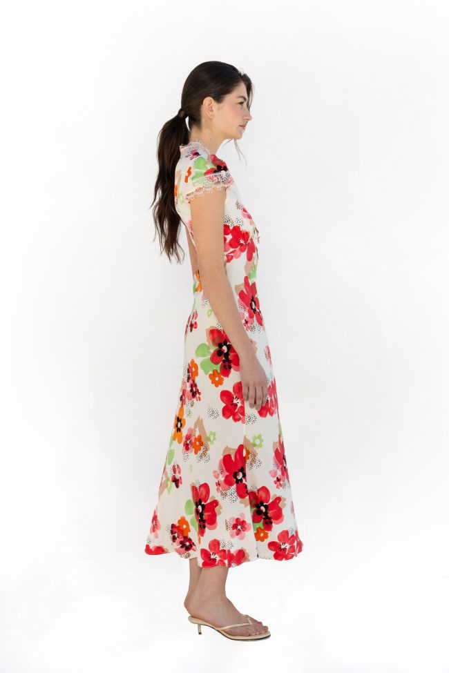 multicolour floral viscose midi dress with lace neckline flickaathens