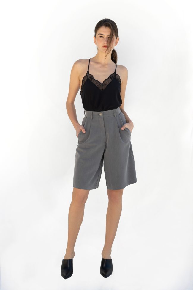 grey high waisted bermuda shorts front view