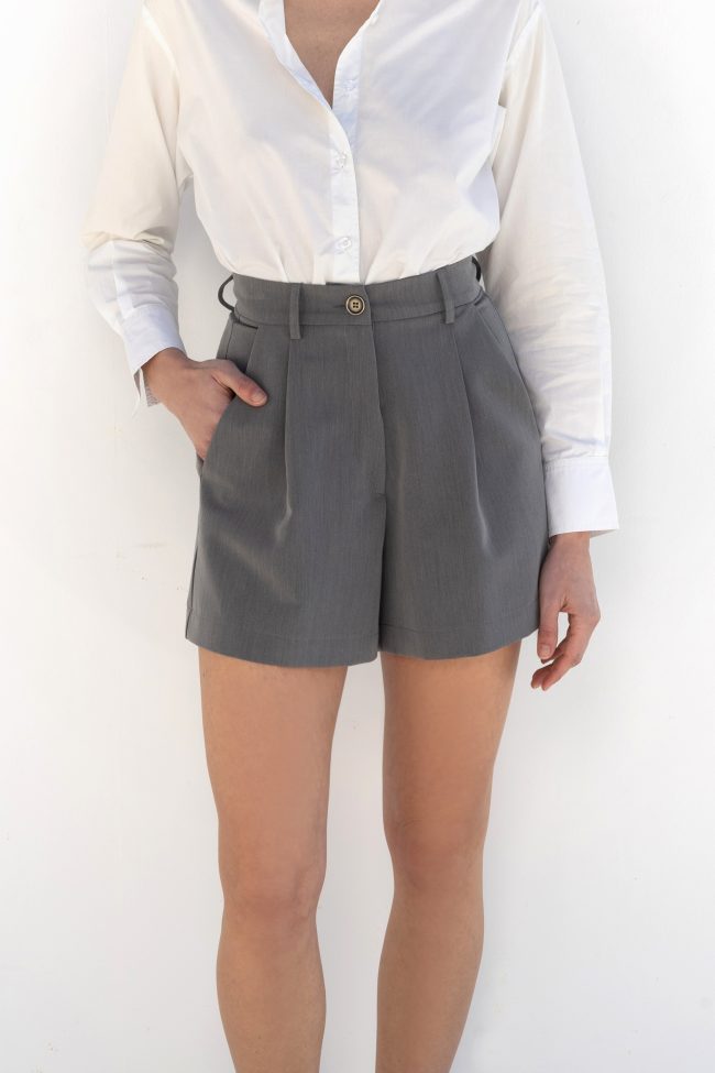 close up epure grey tailored shorts waistband detail flicka athens